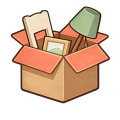 An open cardboard box with a lamp and a picture frame poking out.