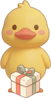 The duck standing behind a wrapped gift.