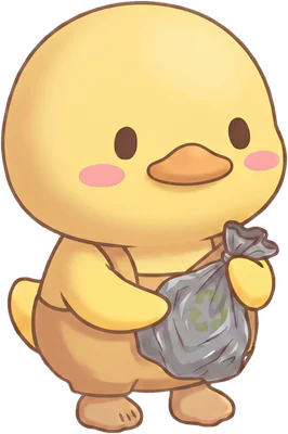The duck in overalls, holding a gray trash bag.