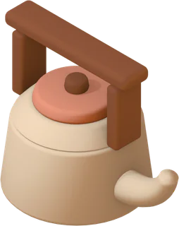 A cream kettle with a coral lid and a wooden top handle.