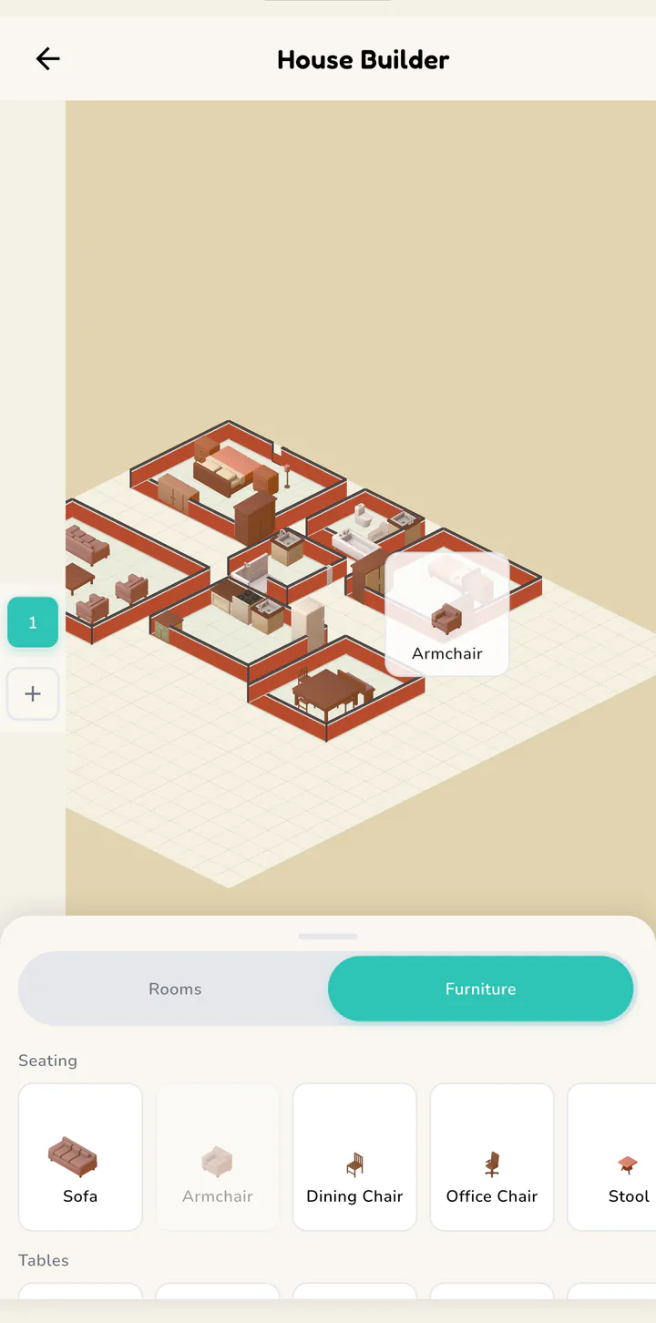 The House Builder in Squeeeks: an armchair being dragged into the house, with a tray of seating below.