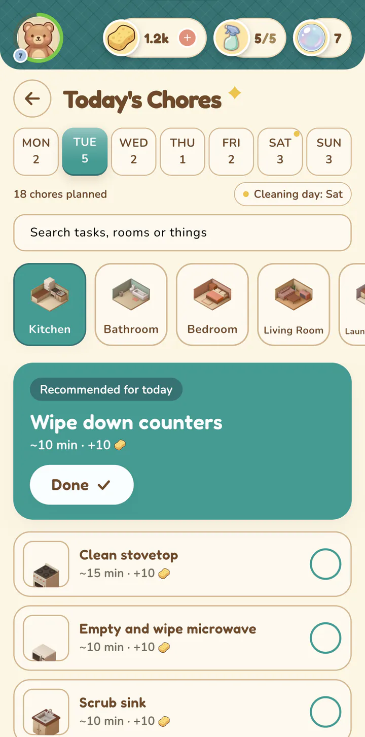 Today's Chores in Squeeeks with the Kitchen selected: Wipe down counters recommended for today, with more kitchen chores below, each +10.