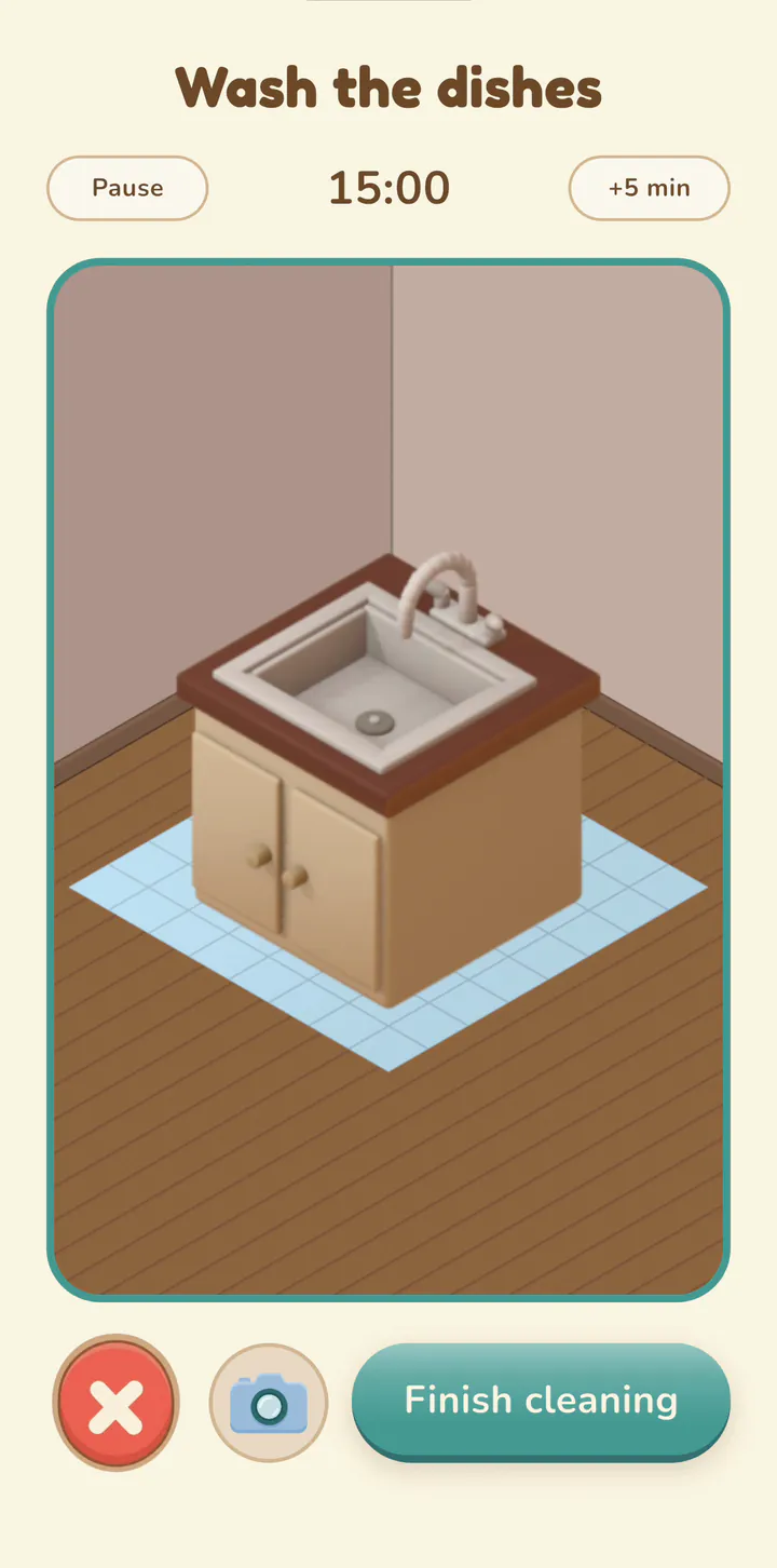 The cleaning timer on Wash the dishes at 15:00, with Pause, +5 min, a kitchen sink on its cabinet and a Finish cleaning button.