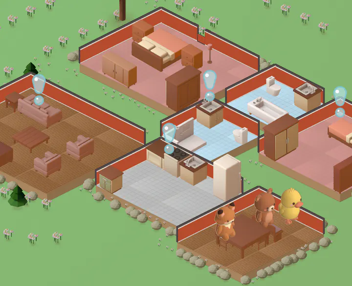 A furnished little house in Squeeeks on a flowery lawn: bedroom, bathroom, kitchen and living room, with the fox, the bear and the duck at the dining table.