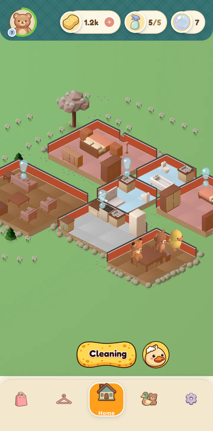 The Home screen in Squeeeks: a furnished house on a lawn with the fox, the bear and the duck at the dining table, the sponge balance at the top, a Cleaning button and the tab bar.