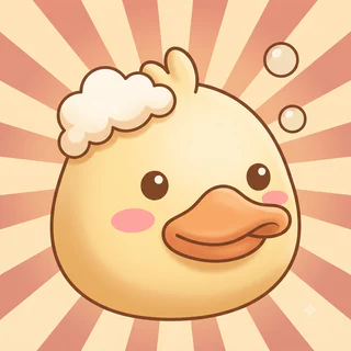 The Squeeeks app icon: a duck's head with a tuft of soap foam and two bubbles, on a peach sunburst.
