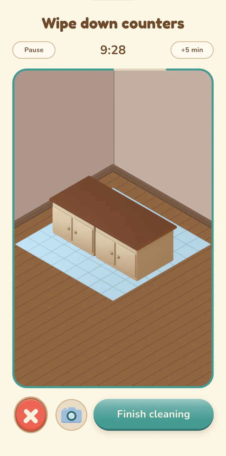 The cleaning timer on Wipe down counters at 9:28, with Pause, +5 min, a kitchen counter and a Finish cleaning button.